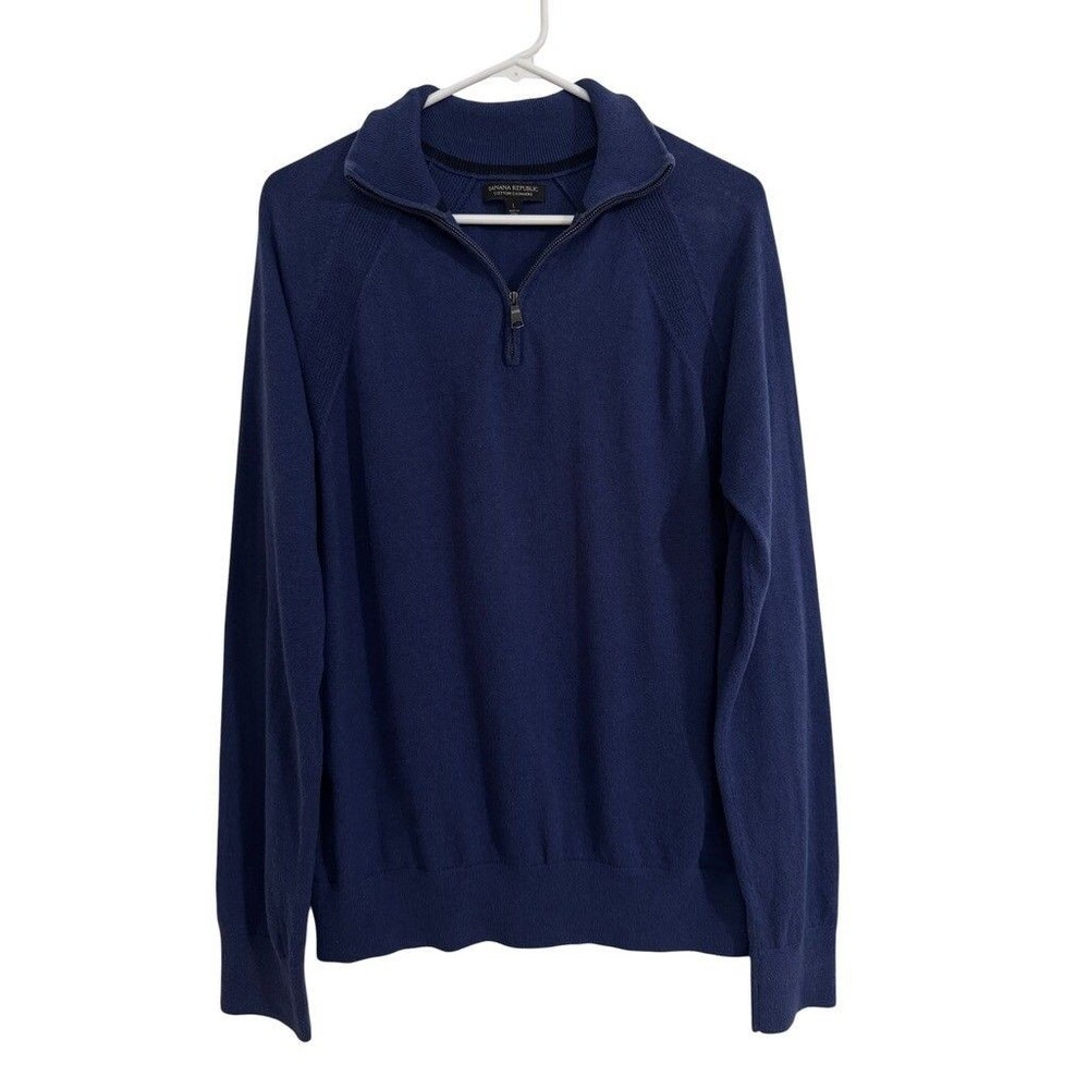 Banana Republic Men's Size LARGE Blue Cotton Cashmere Knit Quarter Zip Sweater